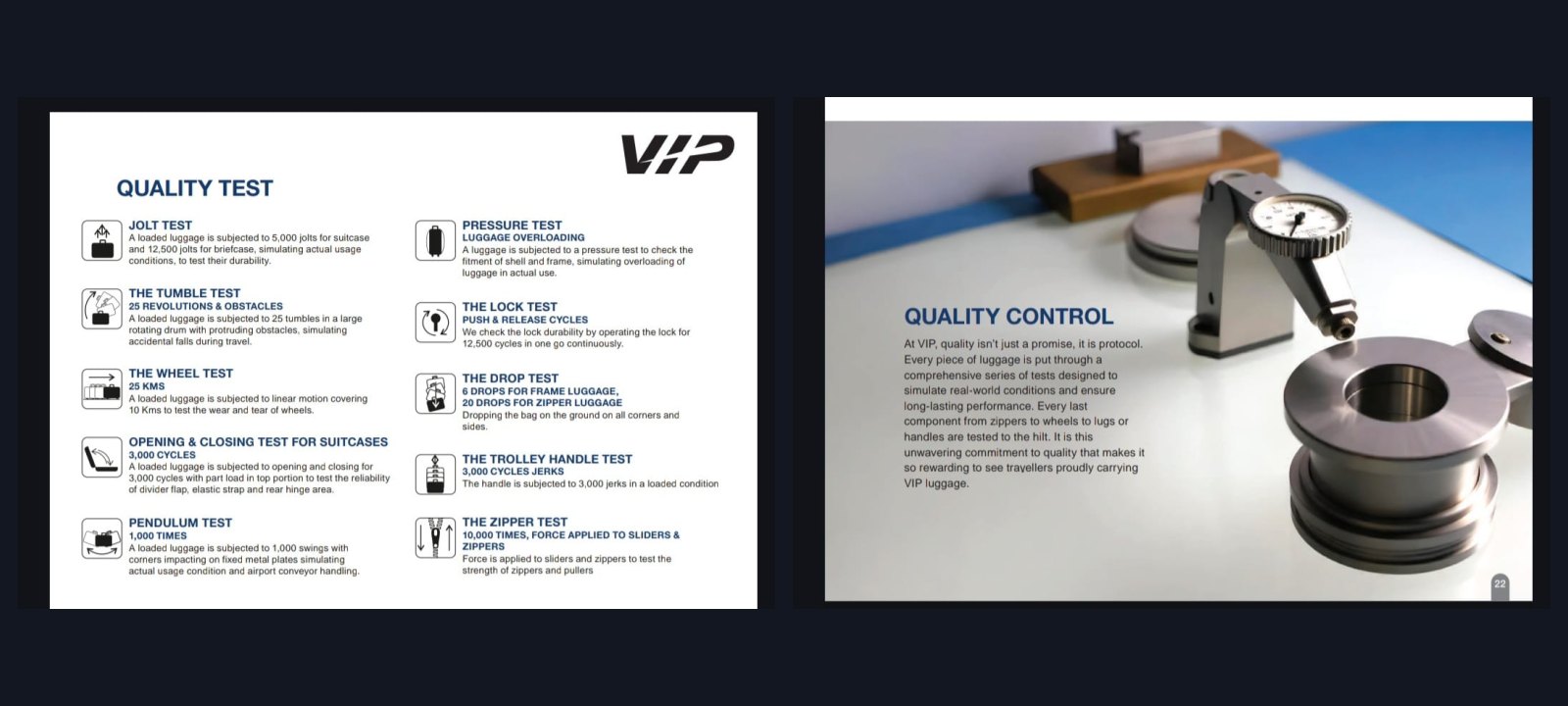 VIP luggage quality tests — jolt, tumble, wheel, drop, lock, handle and zipper testing