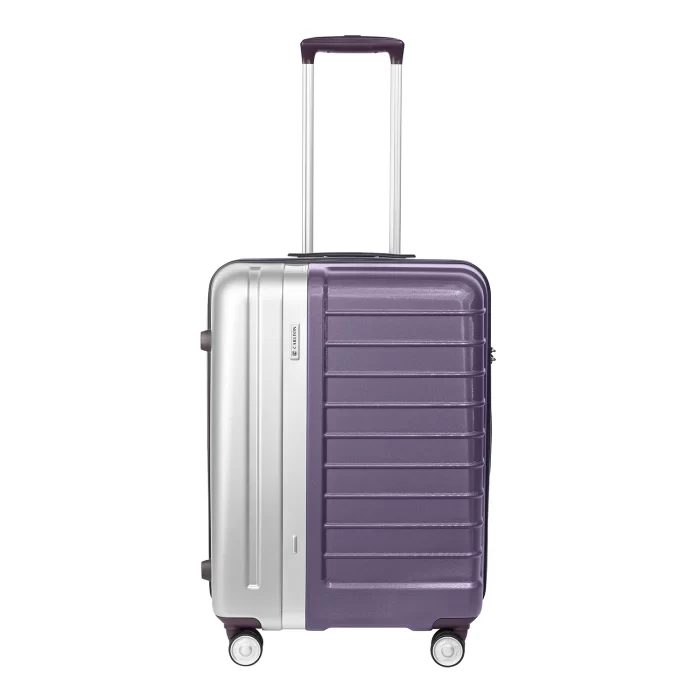 Dual-tone silver and purple hard-shell suitcase for long-haul travel