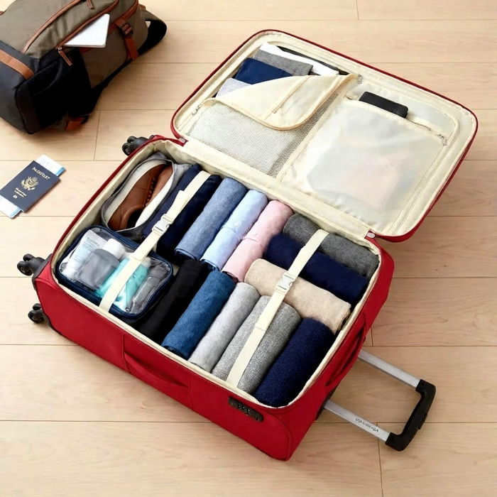 Open red suitcase neatly packed with rolled clothes for budget travel