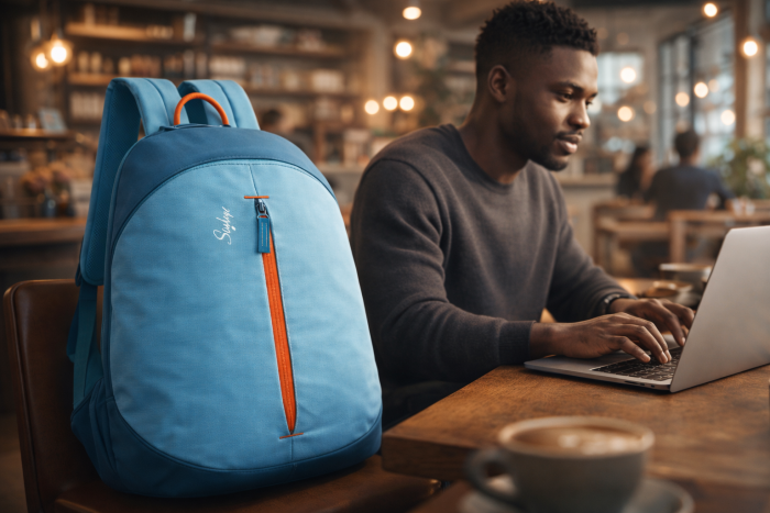 Traveller working on a laptop in a café beside a blue Skybags backpack