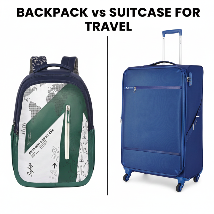 Backpack vs suitcase for travel: Skybags backpack beside a blue soft trolley suitcase