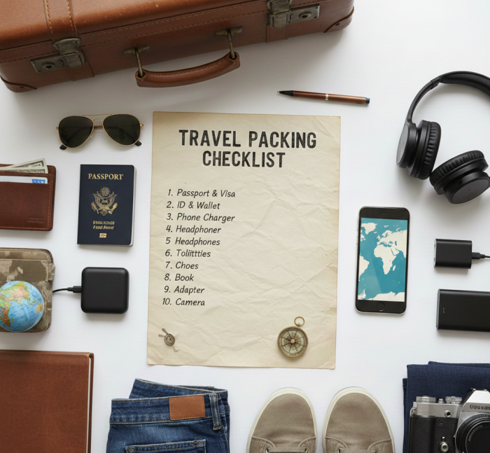 Travel packing checklist with passport, sunglasses, headphones and travel essentials