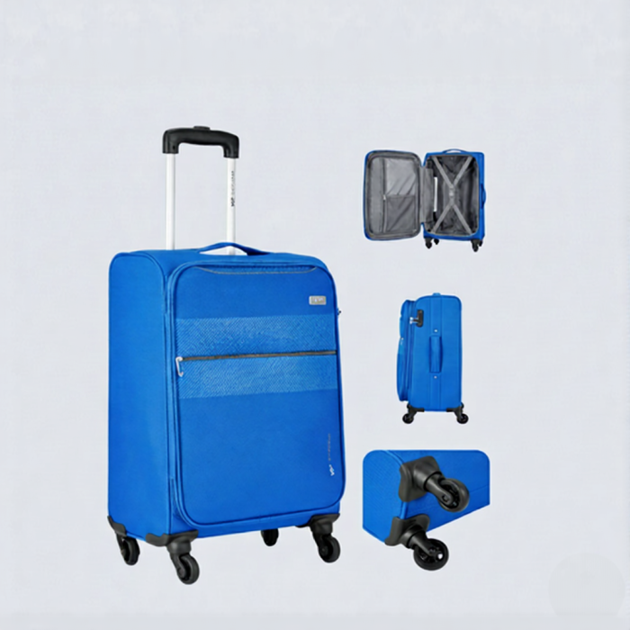 VIP soft trolley suitcase in blue with interior and spinner wheel close-ups