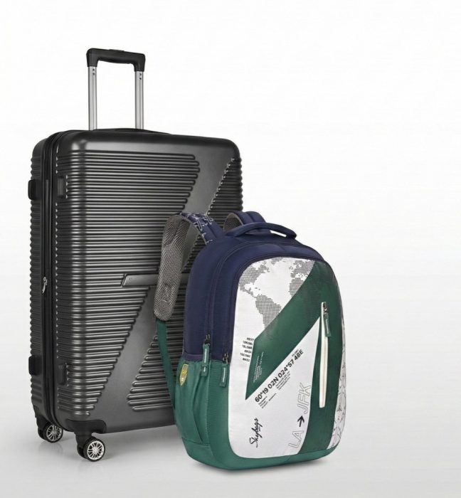 Grey hard-shell suitcase with a Skybags backpack, luggage for digital nomads