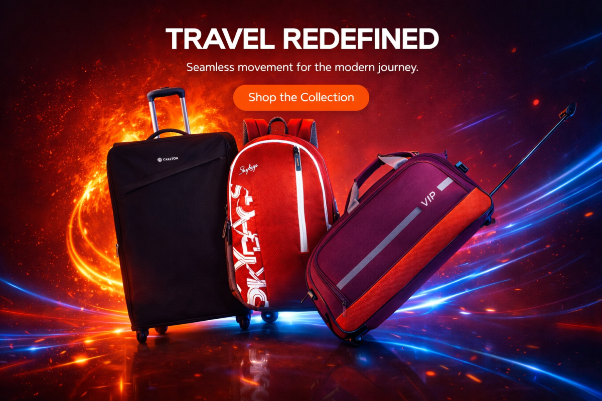 Travel Redefined banner with suitcases and bags in dramatic light