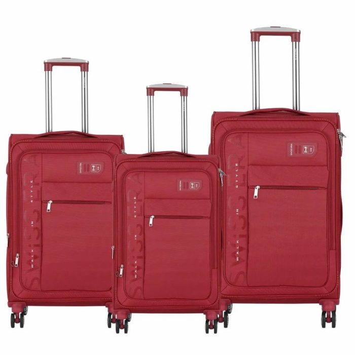Three red soft trolley suitcases in small, medium and large sizes