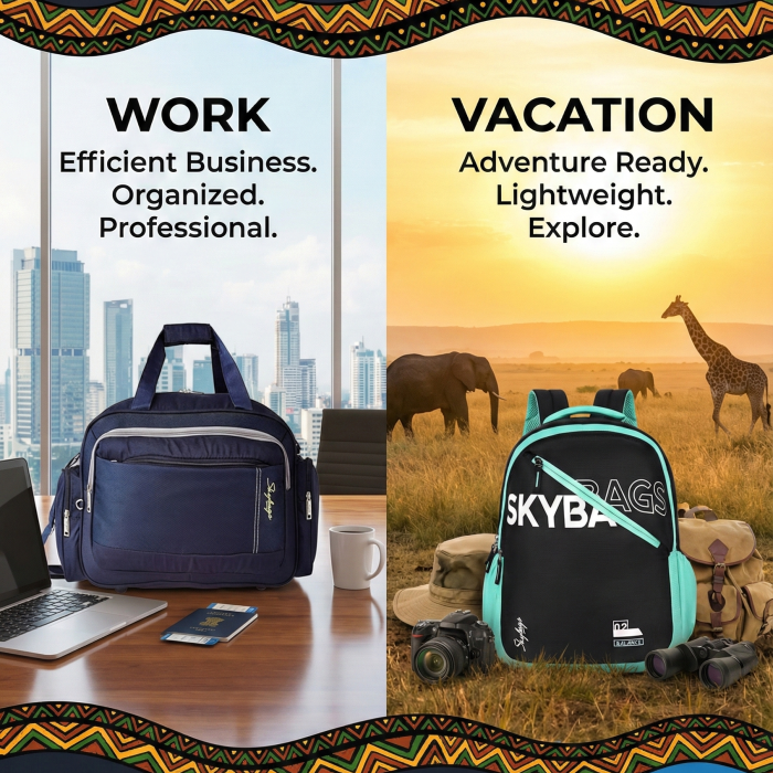 Work and vacation graphic with a laptop bag and Skybags backpack for bleisure travel in Kenya