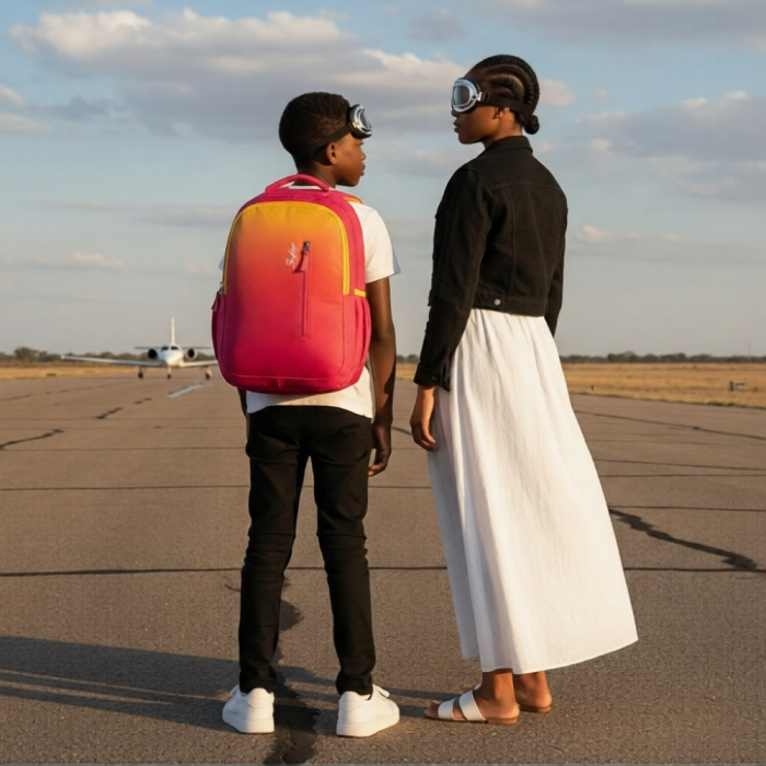 Young traveller on an airstrip with a pink and orange Skybags backpack
