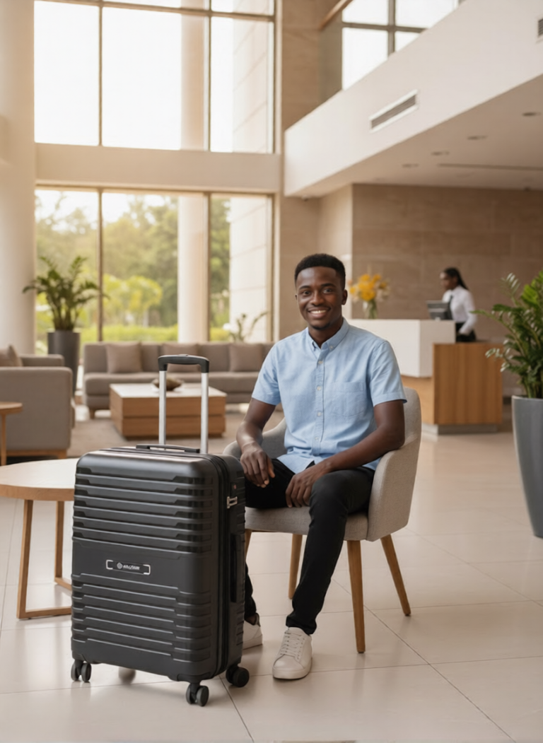 Traveller seated in a station lounge with a black hard-shell suitcase