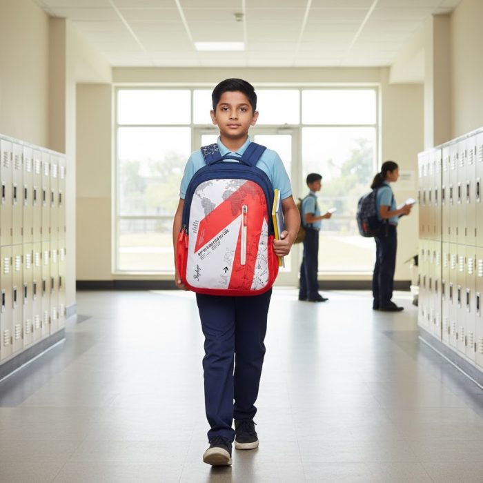 Schoolboy in a school corridor wearing a red and white Skybags backpack