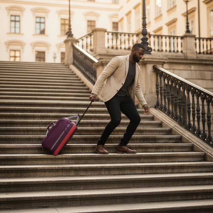 Man carrying a wheeled duffle bag down stone steps