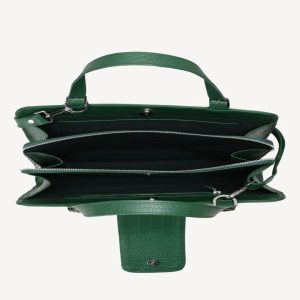 Bellisimo croc-effect briefcase in hunter green, open to show the interior