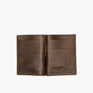 Brown clip wallet, open to show card slots