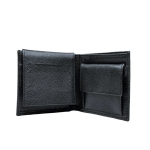Black Italian wallet, open to show coin pocket and card slots