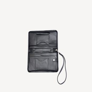 Black travel wallet with zip, open to show card slots