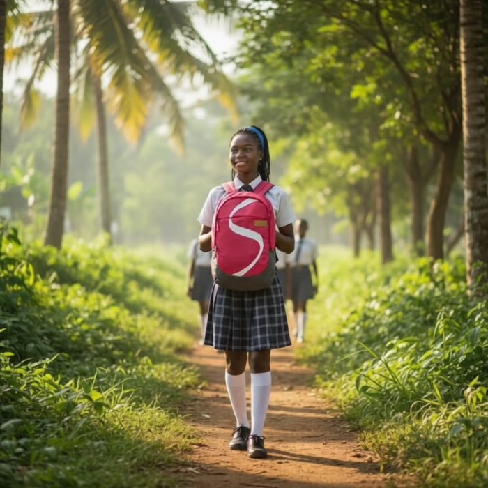 Schoolgirl walking a leafy path with a red Skybags school backpack