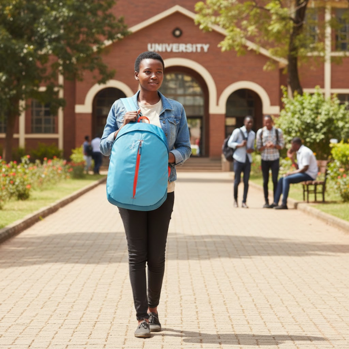 University student on campus carrying a light blue backpack