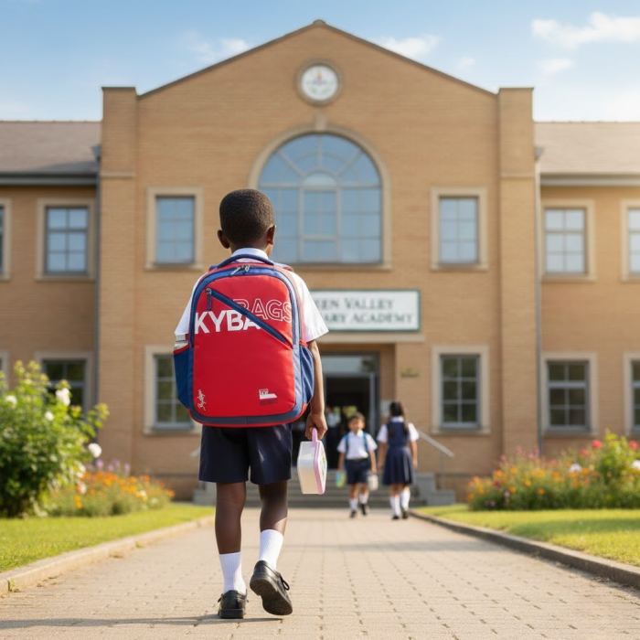 Schoolboy walking to school with a brightly coloured Skybags backpack