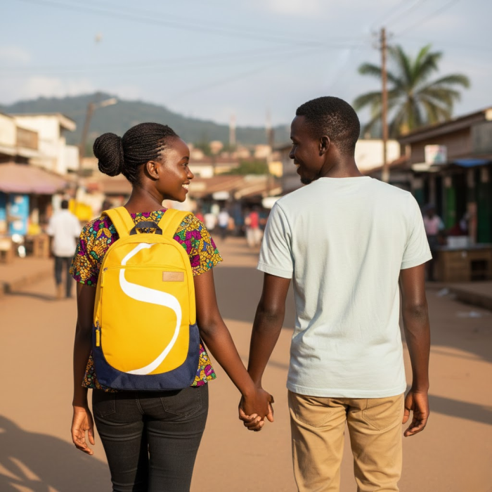 Young couple walking a Nairobi street, one wearing a yellow Skybags mini backpack