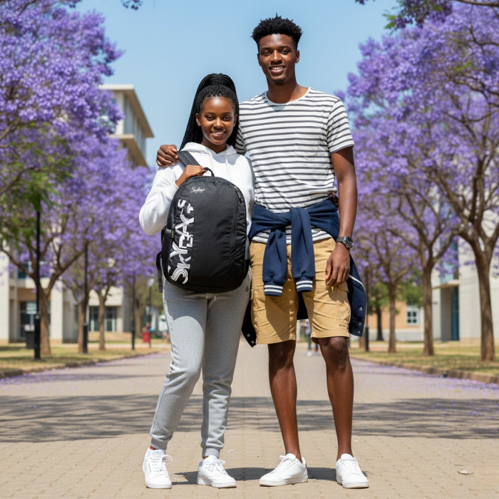 Smiling couple under jacaranda trees with a black Skybags backpack