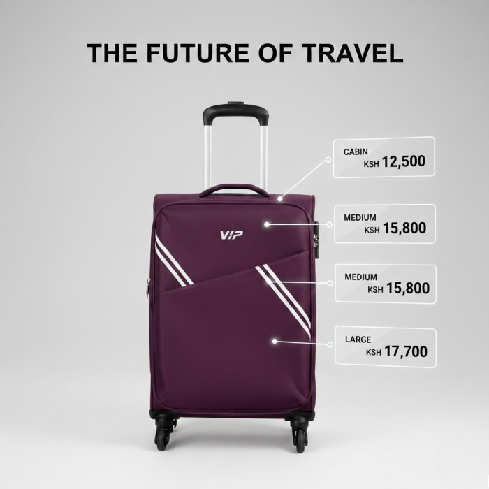 VIP Verona soft suitcase in purple with cabin, medium and large price tags in KSh