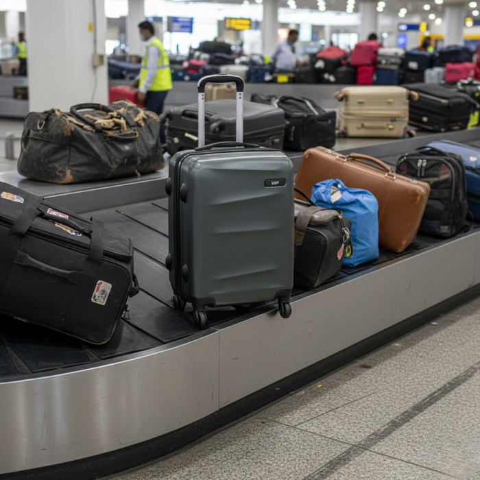 Suitcases and duffle bags on an airport baggage carousel