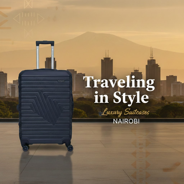 Navy hard-shell suitcase with a Nairobi skyline and "Traveling in Style" luxury suitcases text
