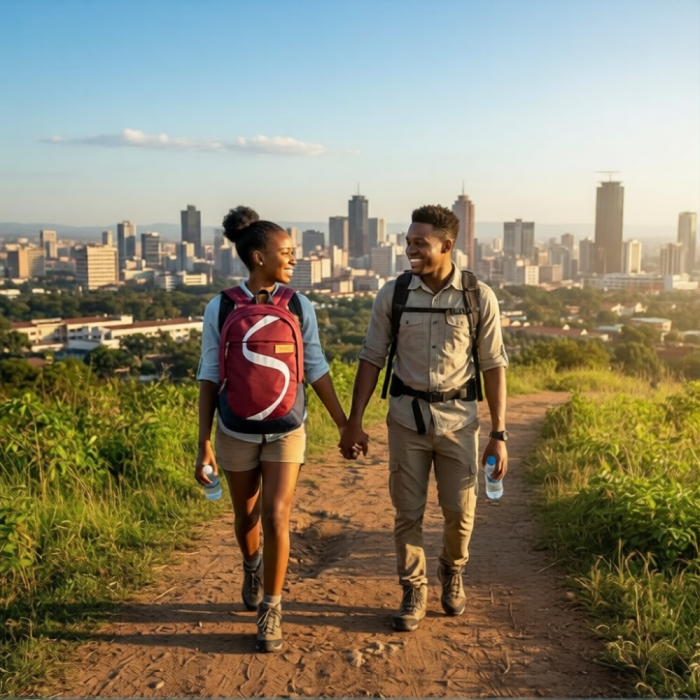 Hikers with high-capacity backpacks on a trail overlooking a city skyline