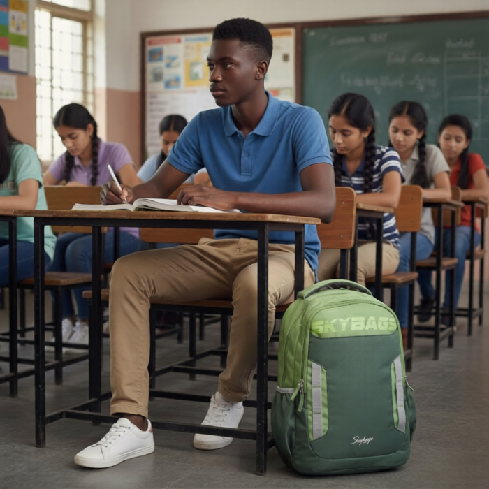 Student in a classroom with a green Skybags laptop backpack
