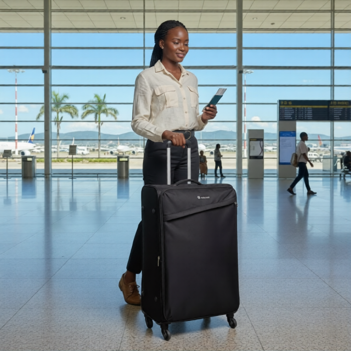 Businesswoman in an airport terminal with a black soft trolley suitcase