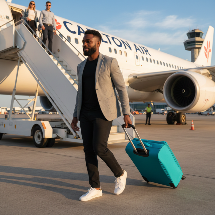 Traveller stepping off a plane with a teal soft trolley suitcase