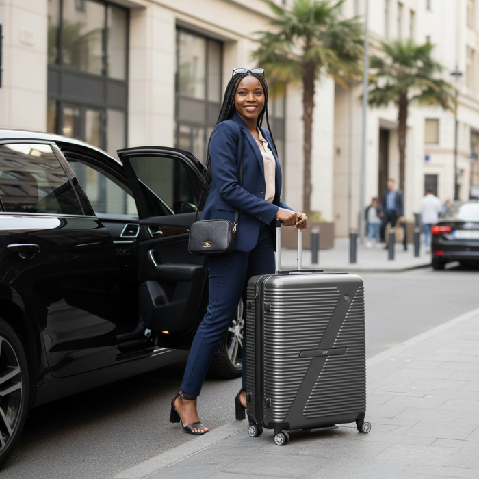 Businesswoman stepping out of a car with a grey hard-shell suitcase