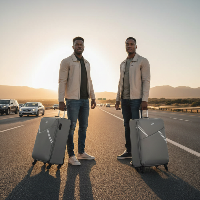 Two travellers on a highway at sunset with grey soft trolley suitcases