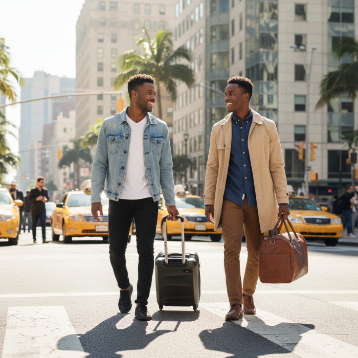 Two travellers crossing a city street with a trolley suitcase and duffle bag for a road trip