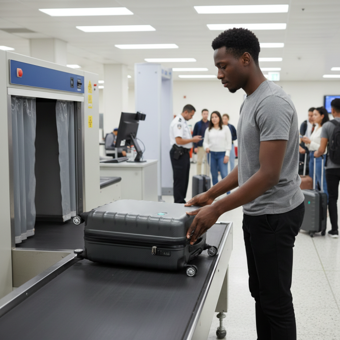 Traveller placing a grey hard-shell suitcase on an airport security scanner