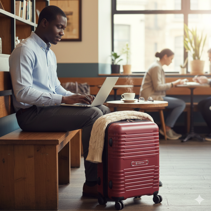 Man working on a laptop in a café beside a red hard-shell suitcase