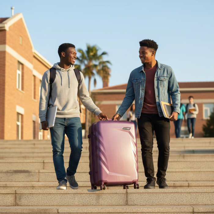 Two students on campus steps with a pink hard-shell suitcase for studying abroad