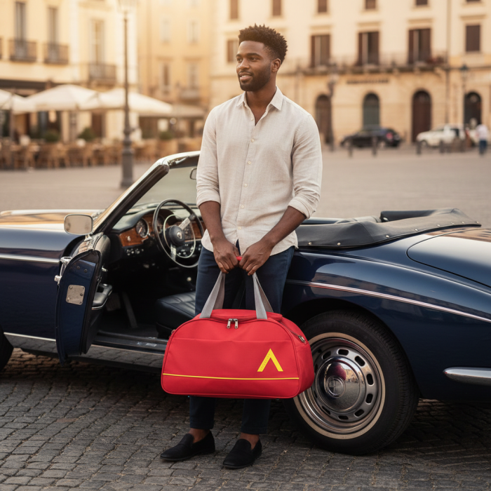 Man beside a vintage car holding a red Aristocrat duffle bag