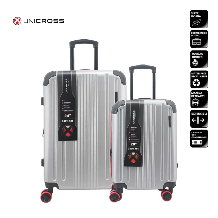 Two silver Unicross hard-shell suitcases with feature icons