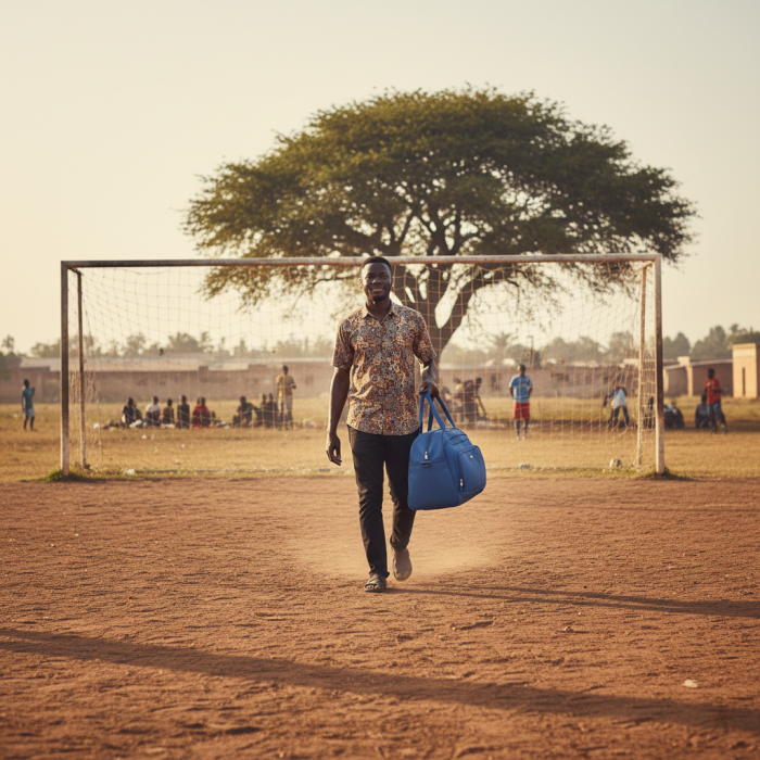 Man crossing a dusty football pitch with a blue sports duffle bag