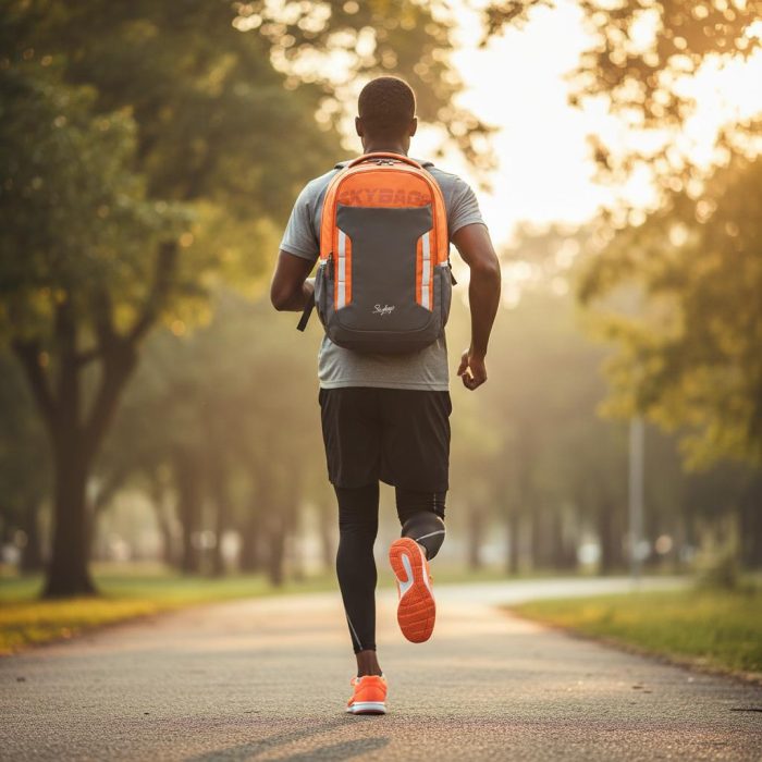 Runner jogging along a tree-lined path with an orange and grey backpack