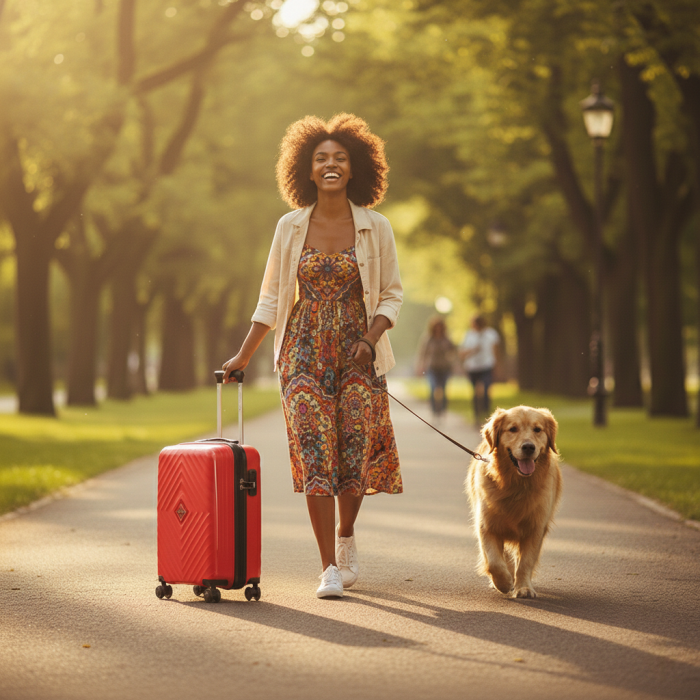 Woman walking a dog in a park with a red hard-shell suitcase