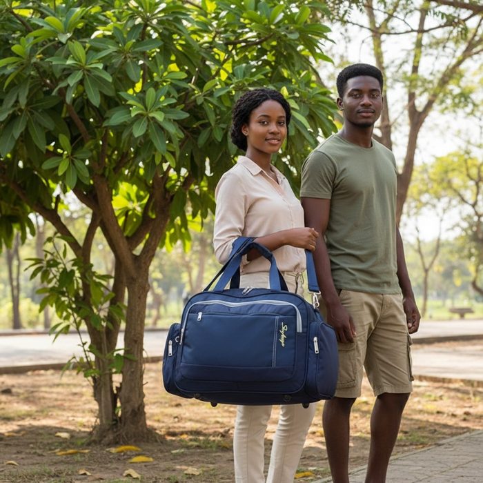 Couple under a tree with a navy Skybags duffle bag for upcountry travel in Kenya