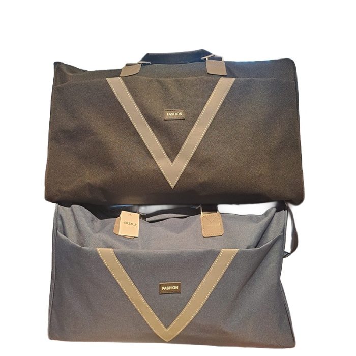 Two affordable duffle bags in grey with beige V-stripe