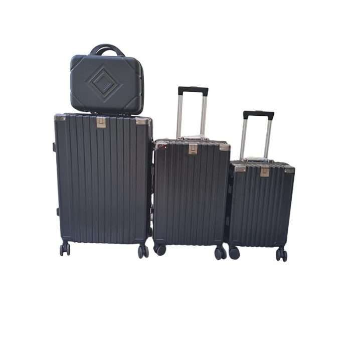 Affordable aluminium 3-piece suitcase set in black with matching vanity case