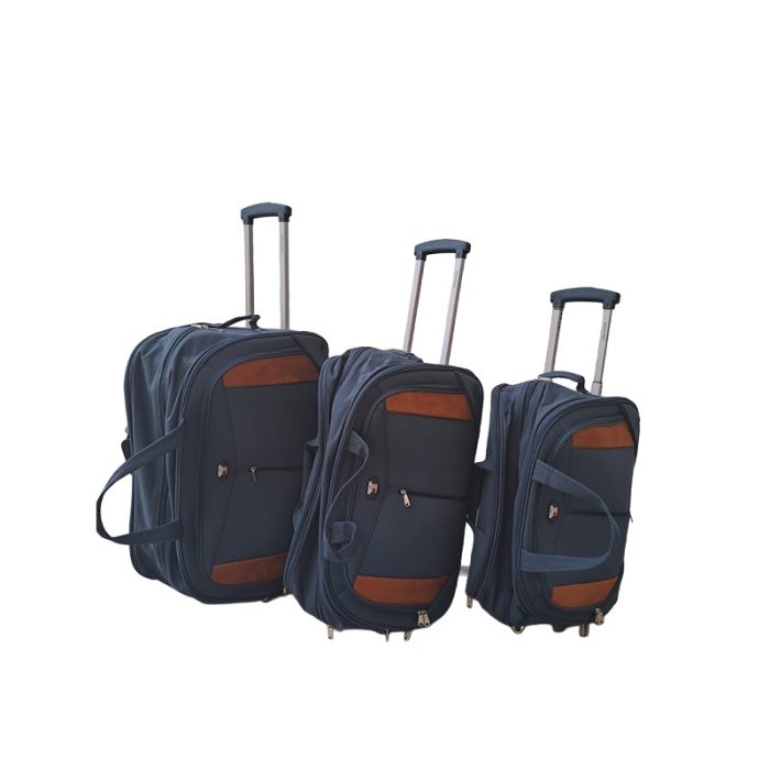 Affordable trolley duffle bags in navy with tan trim in three sizes