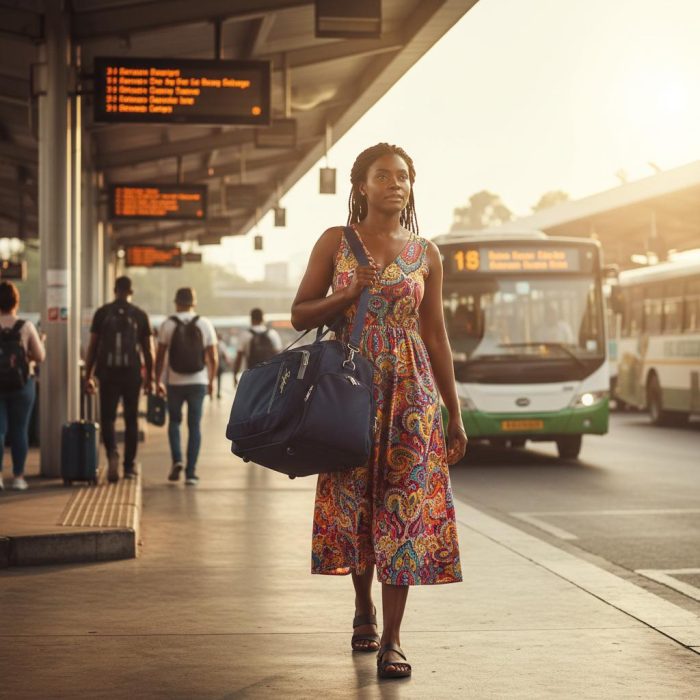 Woman at a bus station carrying a large navy duffle bag