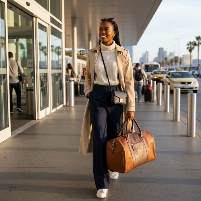 Woman leaving an airport with a compact tan leather travel bag