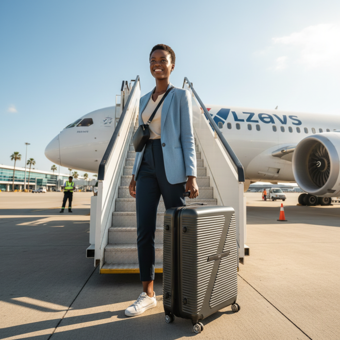 Traveller boarding a plane on the tarmac with a grey hard-shell suitcase