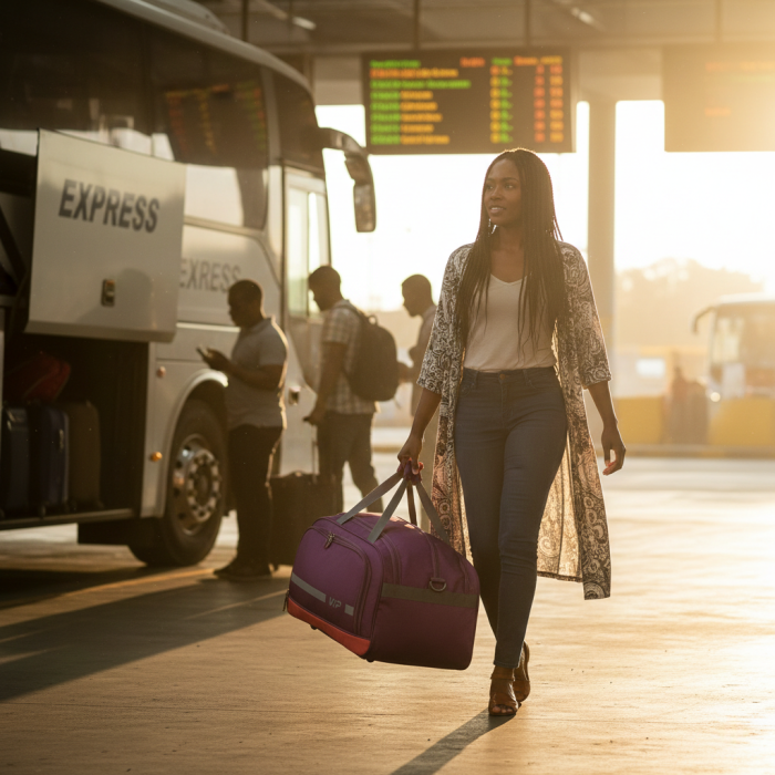 Woman boarding an express bus with a wine-red duffle bag
